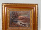 deux tableaux encadrés représentant des chevaux et un chien dans un paysage enneigé