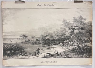 an old drawing of a group of people on horseback in a field