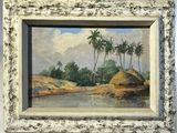 une peinture à l'huile représentant un paysage avec des palmiers et une cabane