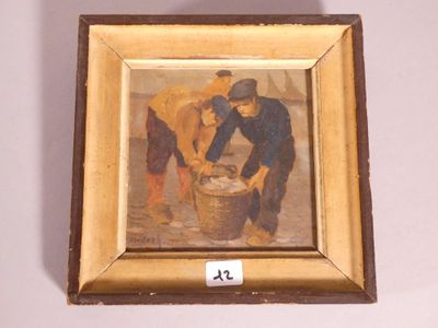 a picture of a painting of two men with buckets