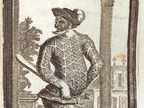 an old book with a drawing of a man holding a sword