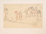 drawing of a man on a horse and a woman on a horse