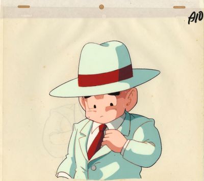 une image représentant un dessin d'un homme portant un chapeau et un costume