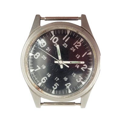 a silver watch with a black face and numbers on it