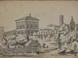 un vieux dessin représentant un grand bâtiment avec une tour horloge en arrière-plan
