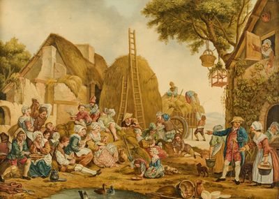 tableau représentant un groupe de personnes rassemblées au bord d'une rivière, devant un village