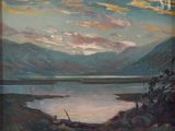 tableau représentant un lac avec des montagnes en arrière-plan