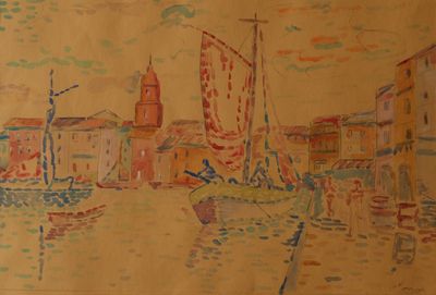 a picture of a painting of boats in the water