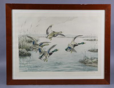 une image représentant un tableau où l'on voit des canards survolant un plan d'eau
