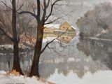 un tableau représentant une maison au bord de l'eau, avec de la neige au sol