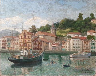 une peinture représentant un bateau sur l'eau, avec des bâtiments en arrière-plan