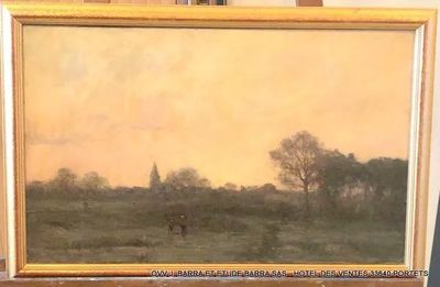 une peinture à l'huile représentant un cheval dans un champ, avec des arbres en arrière-plan