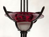 an image of a hanging light fixture with a red glass shade