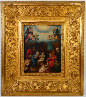 tableau représentant la Nativité de Jésus dans un cadre doré