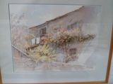 peinture aquarelle encadrée d'une maison avec balcon et d'un balcon