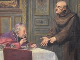 painting of a man and a woman sitting at a table in front of a priest