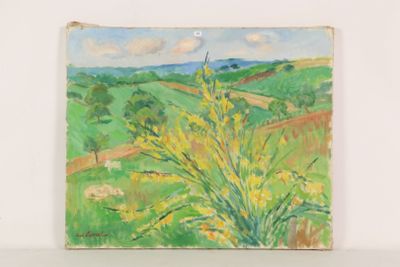 an oil painting of a field with yellow flowers on a white surface