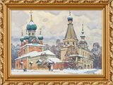 une peinture à l'huile représentant une église sous la neige, avec des passants