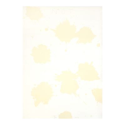 an image of a white and yellow painting with spots of paint on it