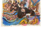 a drawing of a dog sitting on a bed with other dogs