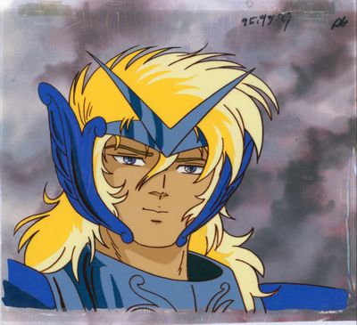 a close up of a cartoon character with blonde hair and blue eyes