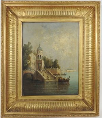 une peinture à l'huile représentant une scène fluviale avec un pont et un bateau