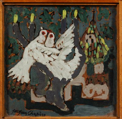 an image of a painting of a white bird with a red beak