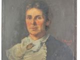 un vieux tableau représentant une femme en robe bleue avec un col à volants blancs
