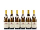 six bottles of wine lined up in a row on a white surface