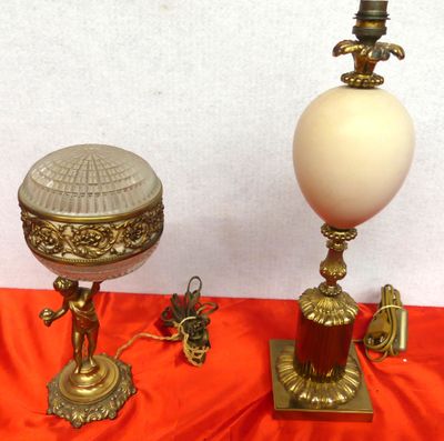 two lamps that are sitting on a red cloth