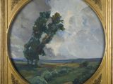 an oil painting of a tree in a field with a cloudy sky in the background
