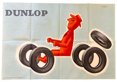 a poster of a man riding a motorcycle with tires on it