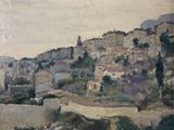 a painting of a town on a hill with a horse