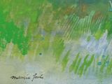 abstract painting of green and blue flowers and grass in a field