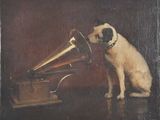 tableau représentant un chien avec un phonom posé sur une table à côté d'un tourne-disque