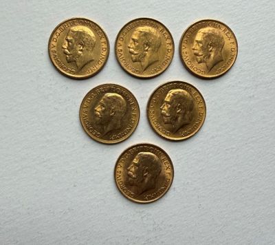 six gold sovereigns of different sizes and shapes on a white surface