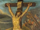 a painting of jesus on the cross with other people