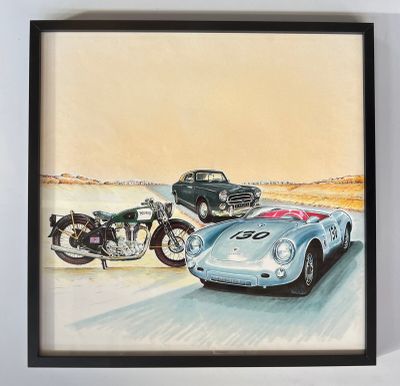 tableau représentant deux voitures et une moto sur une route, avec une vieille voiture en arrière-plan