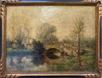 an oil painting of a bridge over a river with trees in the background