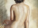tableau représentant une femme nue assise sur un coussin bleu