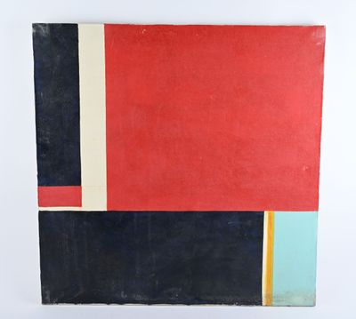 une peinture abstraite composée de carrés rouges, bleus, jaunes et noirs