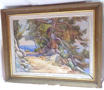 tableau à l'huile encadré représentant un arbre sur la plage, au bord de l'océan