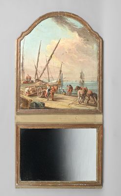 Trumeau en bois peint et doré incorporant une toile représen…