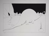 an image of a black and white drawing of a dinosaur in a field