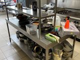 many pots and pans on a metal shelf in the kitchen