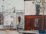 painting of a painting of a street scene with a church in the background