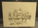 pencil drawing of a house on the water with a boat in the foreground