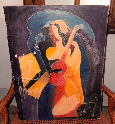 tableau représentant une femme jouant de la guitare, assise sur une chaise