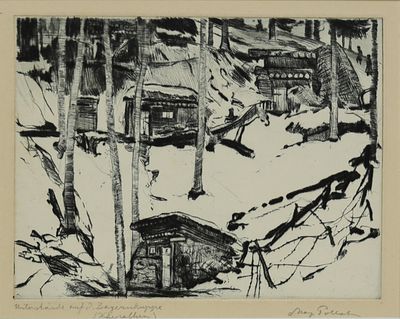 dessin représentant une cabane dans les bois, avec de la neige au sol