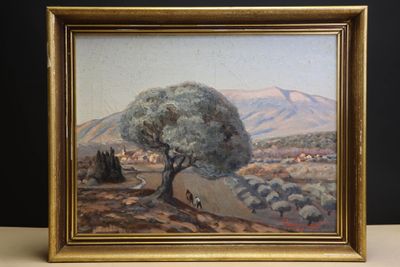 an oil painting of a landscape with a lone tree in the foreground